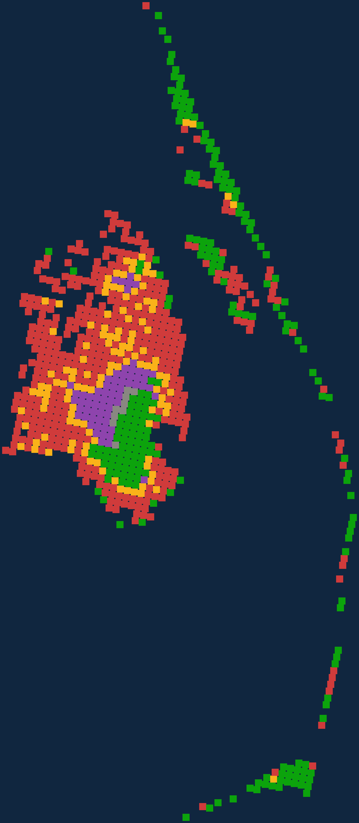 Dare County, North Carolina at 1 km resolution: the mainland
                coloured as submergence risk, the Outer Banks holding